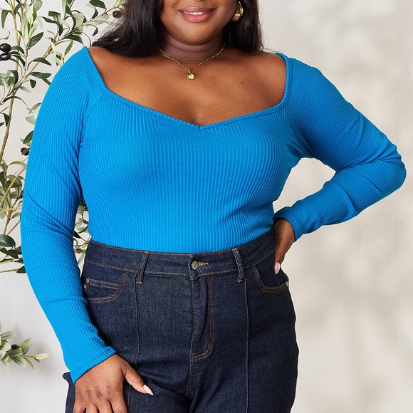 NEW Culture Code PLUS + REG Size Blue Ribbed Sweetheart Neck Tie Back Knit Top - Picture 6 of 9